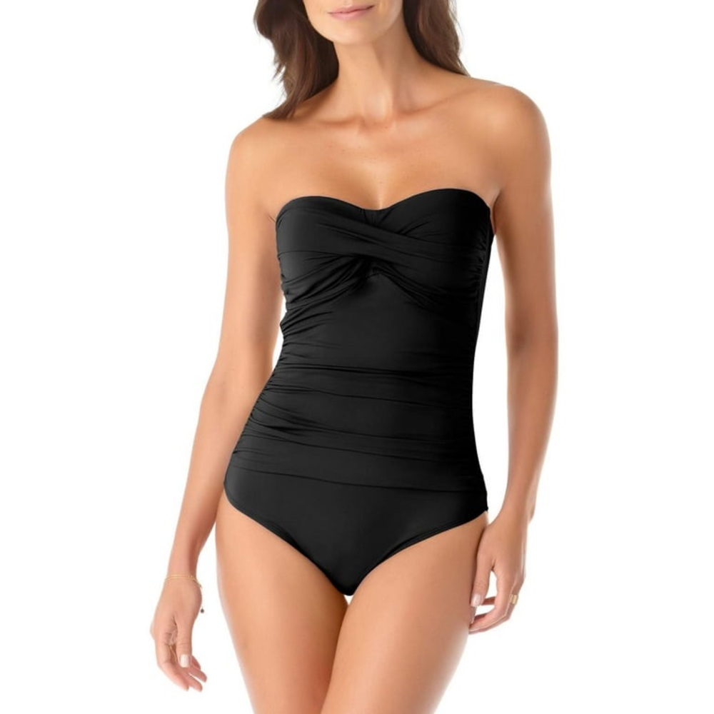 ANNE COLE black Live In Color Bandeau One Piece strapless Swimsuit new w liner